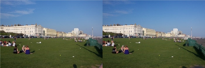 坐在草地公园的同一照片的一张浸的照片在一个晴天，在使用偏光的滤光片之前和之后