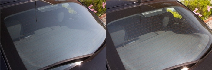 在一个阳光明媚的日子里，同一幅车窗照片的双联画，在使用偏光滤镜之前和之后