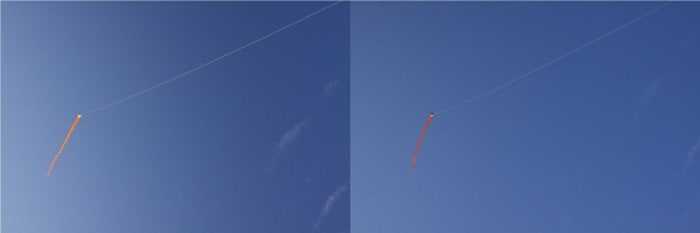 在使用偏光滤光片之前和之后的一只风筝在蓝天飞行的相同照片的浸水。