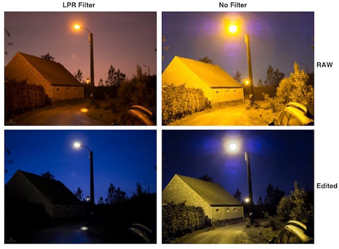 一款四个照片网格显示LPR过滤器在晚上对比利时路灯的影响