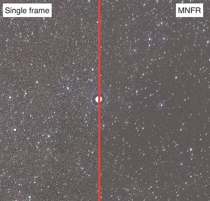 在自动对齐32帧后，比较在星形域上做MFNR的效果。