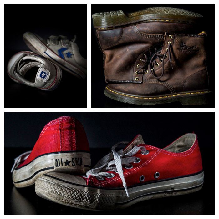 三张照片网格显示静物摄影不同的鞋子在黑色背景