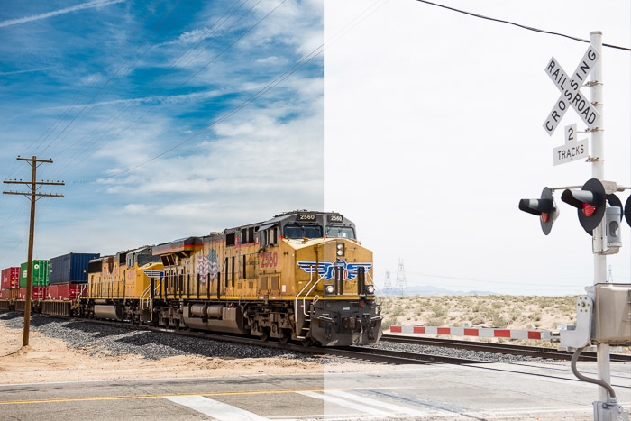 一张火车的照片，拆分屏幕，以突出拍摄原始与jpeg之间的区别