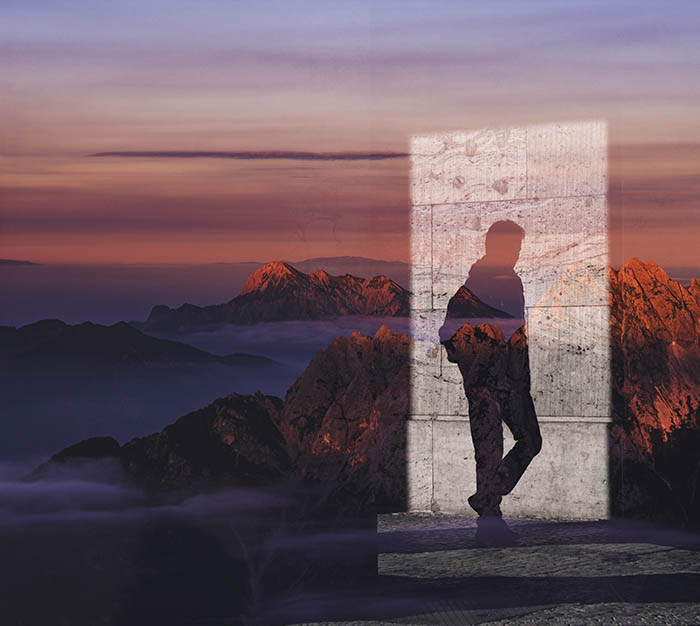 两幅图像结合在一起，使用一个男性阴影和一个山区景观