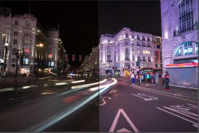 使用免费的Lightroom presets从PresetPro显示一个夜间街道场景的前后