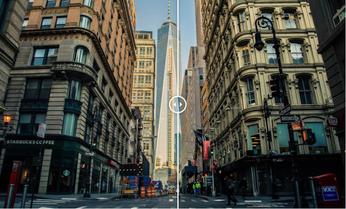 使用免费的Lightroom预置VSCO电影显示一个美国城市的前后图像