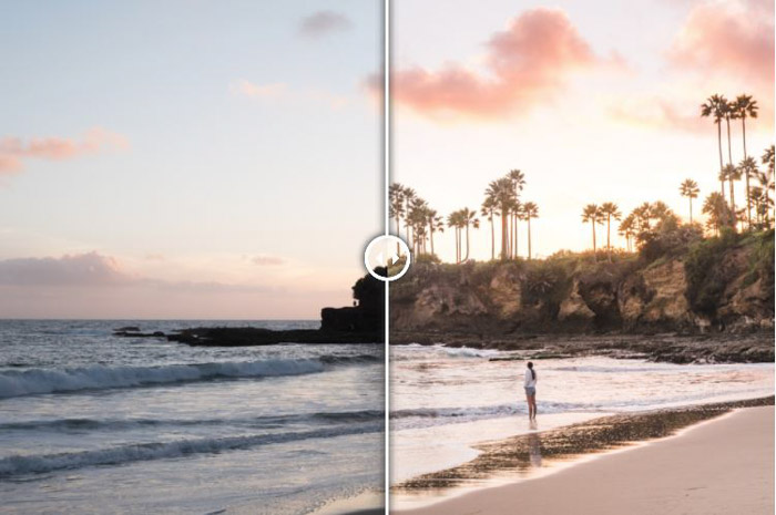 使用免费的Lightroom预设-拉古纳日落显示一个海滩场景的前后