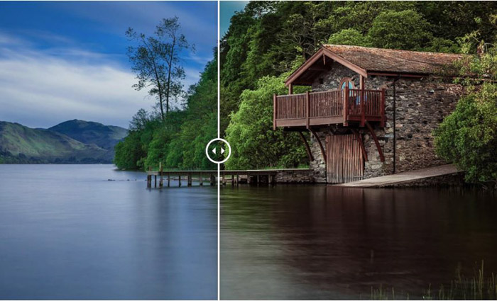 显示使用PhotoNify的旅行预设的水侧舱的水侧舱的图像之前和之后