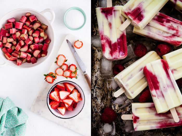 两个图像并排，一个是新鲜的水果，另一个是水果冰棍