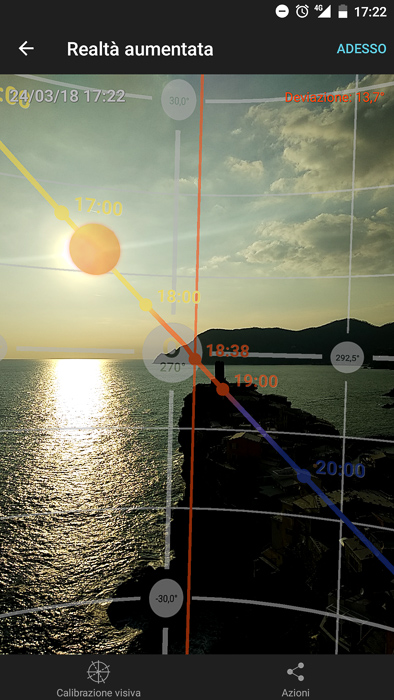 在移动应用Photopills的增强现实部分中看到的太阳路径。