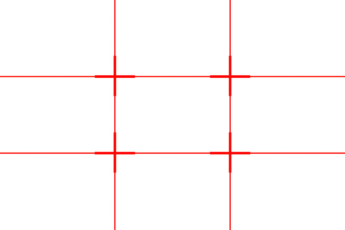 红色网格显示三分法网格(两条水平线和两条垂直线)