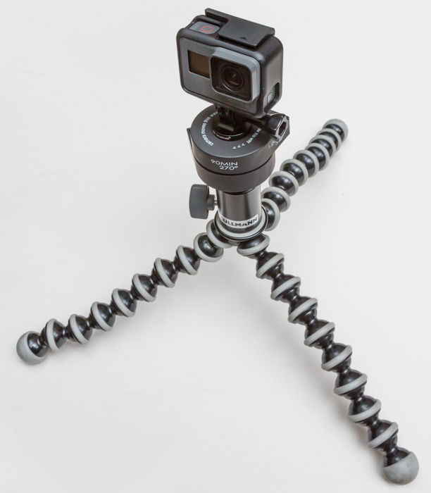 Joby Gorillapod的照片，发条2小时的Flow-Motion自动摇摄头和GoPro Hero 6相机。