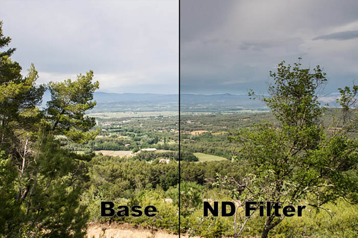一幅甘美风景的二联图，比较基础图像和用nd滤光片拍摄的图像