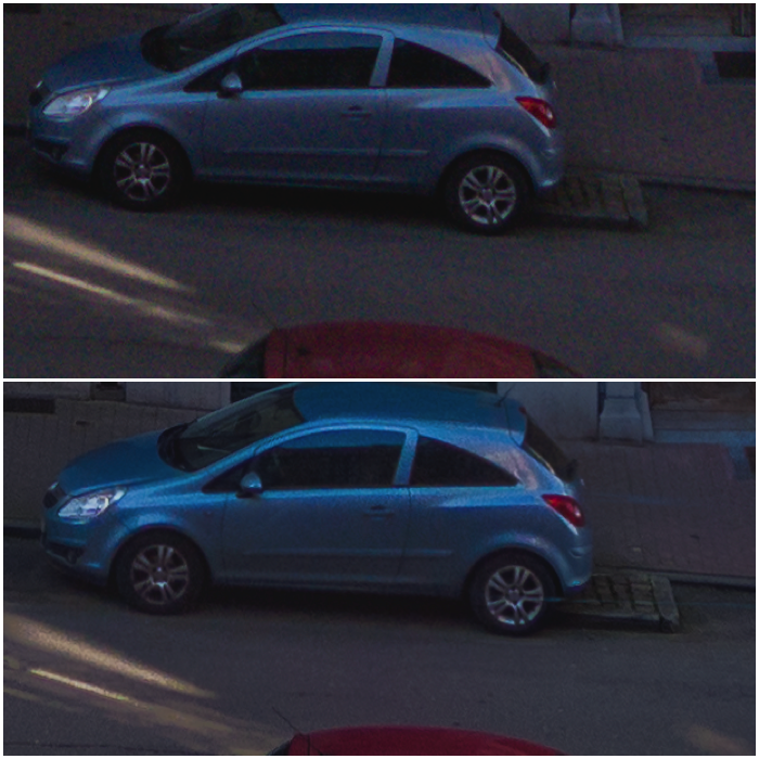 两张蓝色汽车在街上的图片。100%来自单次暴露0EV(顶部)，而HDR来自-2EV、0EV和+2EV暴露(底部)。