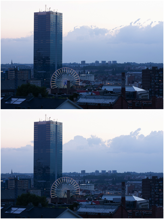 两张同一个城市景观的照片。简单的HDR融合（顶部）与Deghosting（底部）​​的融合比较。
