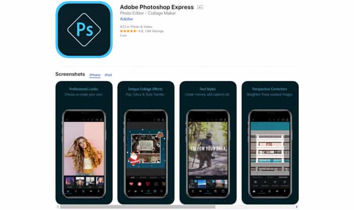 Adobe Photoshop Express编辑Android＆iPhone的Express编辑应用程序的屏幕截图