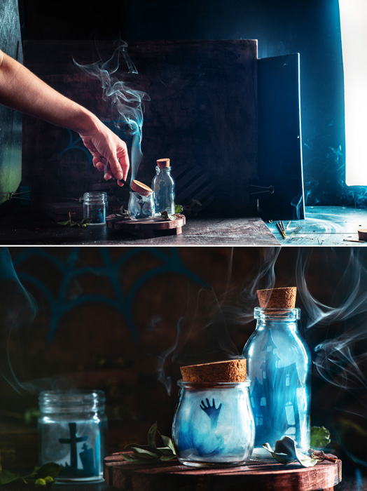 一个静物画烟摄影拍摄的建立，其中玻璃瓶用微小的剪影在里面的微小的剪影和烟雾
