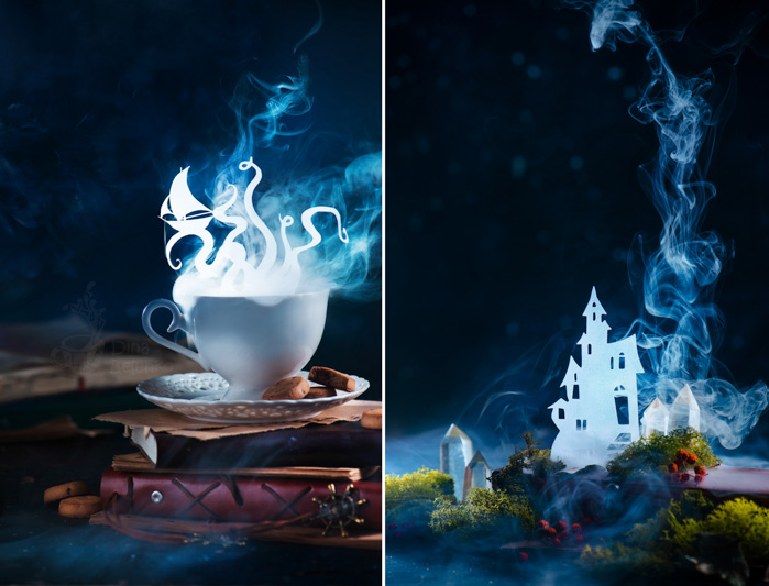 神秘的静物画设置以删去海怪的剪影，巨型章鱼剪影发光在蒸汽的茶杯。梦想家或读者咖啡与书籍。