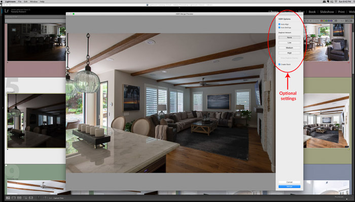 显示照片合并工具的弹出窗口的屏幕截图.- Lightroom HDR