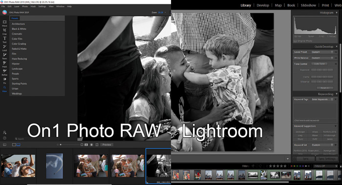 显示On1 Photo RAW界面和adobe lightroom的分屏截图