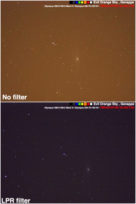 Diptych比较尝试在带有LPR过滤器的大量污染的天空下拍摄仙境的星系。