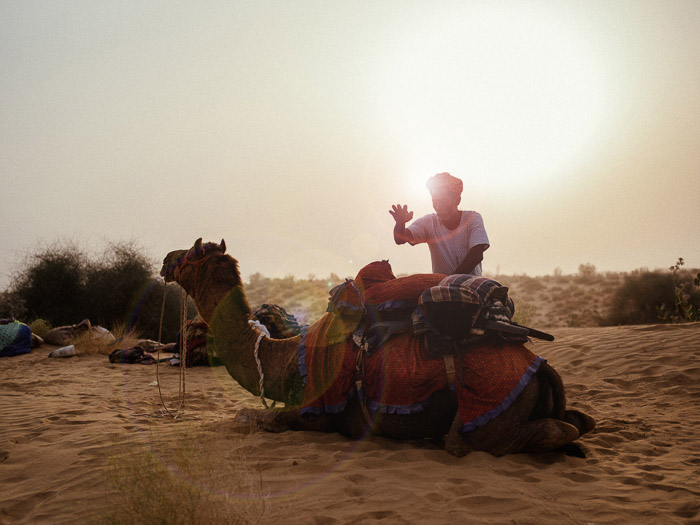 站立在沙漠的一只骆驼的一个人的画象，与在他后的一个美好的透镜火光效果