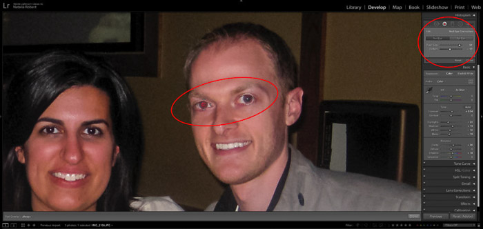 展示了如何使用lightroom - red eye removal修复肖像摄影中的红眼