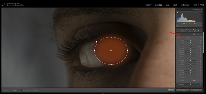 屏幕截图显示如何在Lightroom中增强眼睛