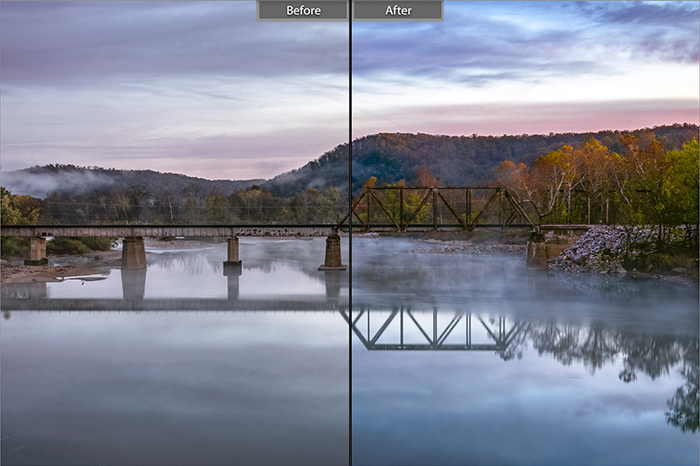在风景照片上使用沉闷的槽峡谷lightroom预设编辑之前和之后显示的分割图像