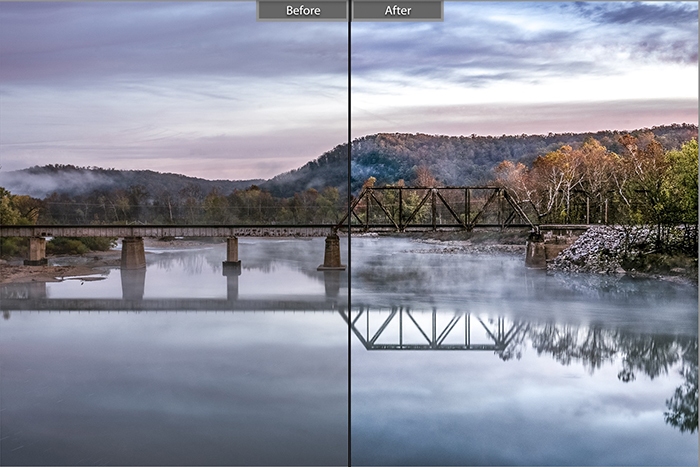 分割图像显示之前和之后编辑与高对比度的场景-灯光阴影lightroom预设的风景照片