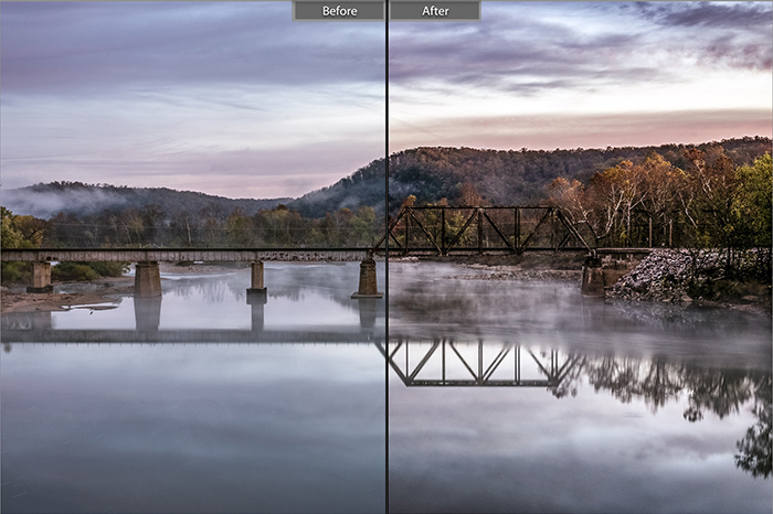 分割图像显示之前和之后的编辑与Magic Nature lightroom预设为风景照片