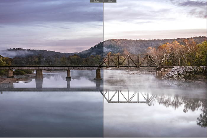 在风景照片上使用Summertime lightroom预设编辑前后显示的分割图像