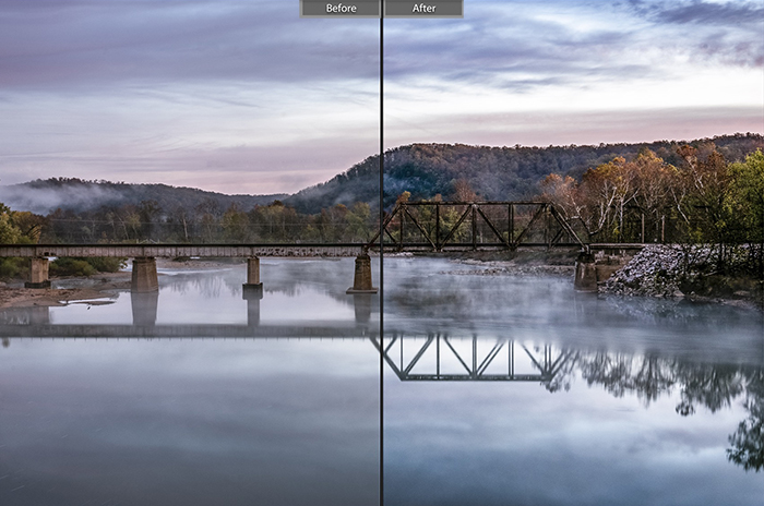分割图像显示之前和之后编辑与Wanderlust lightroom预设景观照片