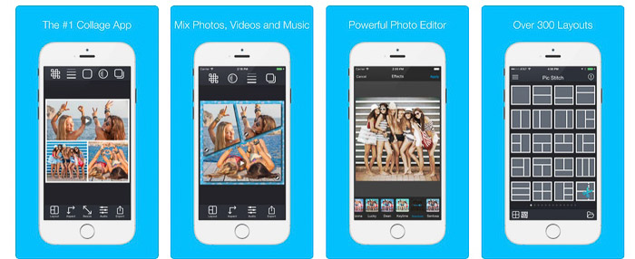4个手机显示在屏幕上使用Picstitch照片拼贴应用程序的结果